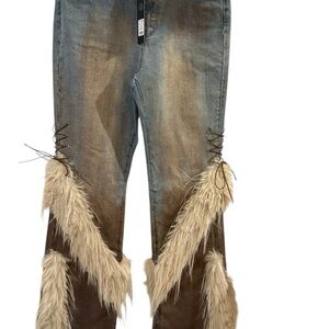 Fashion Nova Two-Tone Flare Jeans with Faux Fur Trim - Light Blue & Brown